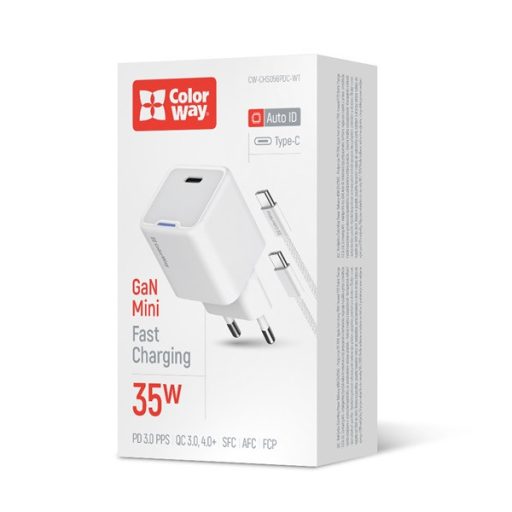 COLORWAY AC töltő GaN Mini CW-CHS056PDC-WT 35W PD port PPS USB-C fehér kábel Type-C