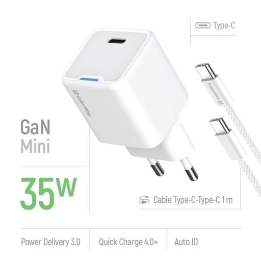 COLORWAY AC töltő GaN Mini CW-CHS056PDC-WT 35W PD port PPS USB-C fehér kábel Type-C