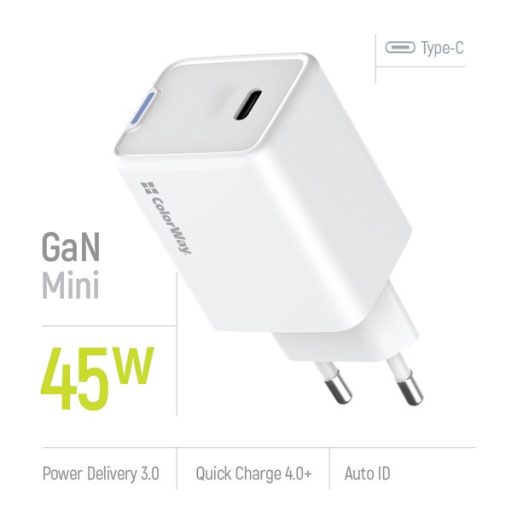 COLORWAY AC töltő GaN Mini CW-CHS057PD-WT 45W PD port PPS USB-C fehér