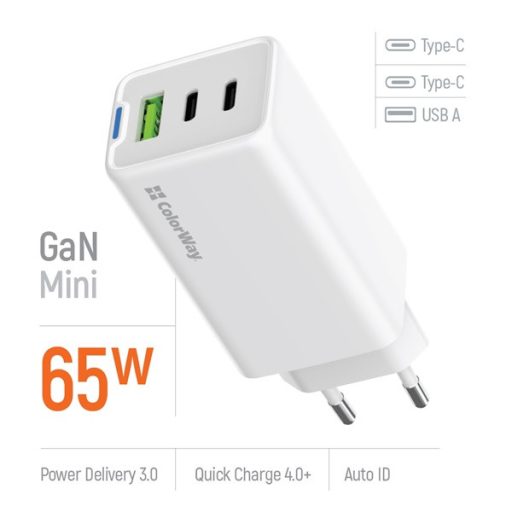 COLORWAY AC töltő GaN Mini CW-CHS058PD-WT 65W PD port PPS USB (USB-2C1A) fehér