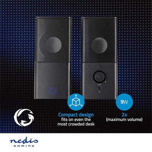 Nedis GSPR10020BK aktív gamer hangszóró 2.0, USB tápellátás, 3,5 mm jack, 18 W, Hangerőszabályozó