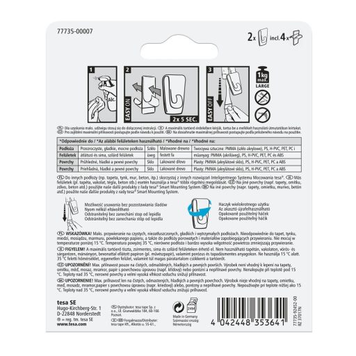 Akasztó öntapadós műanyag, 1 kg teherbírású 2 darab/bliszter Tesa Powerstrips átlátszó