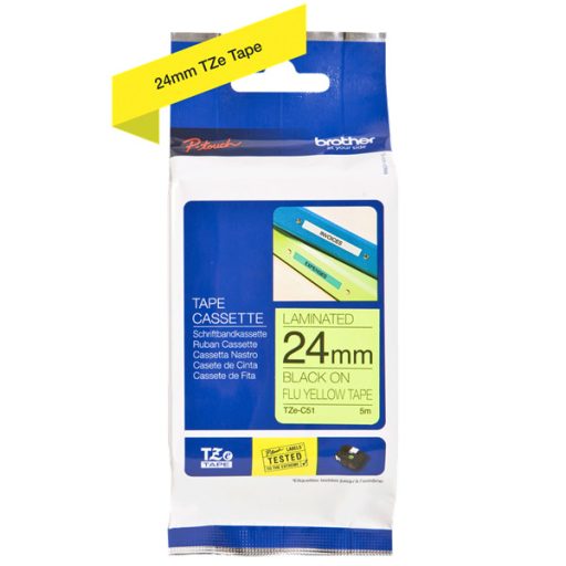BROTHER szalag TZe-C51, Fluoreszkáló sárga alapon Fekete, Laminált, 24mm  0.94", 5 méter