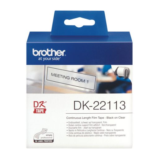 BROTHER Etikett címke DK-22113, Átlátszó alapon fekete, folytonos, filmrétegű szalag 62mm, 62mm x 15.24M