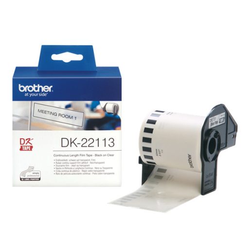 BROTHER Etikett címke DK-22113, Átlátszó alapon fekete, folytonos, filmrétegű szalag 62mm, 62mm x 15.24M