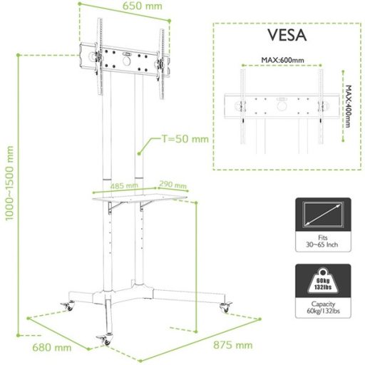 TECHLY ICA-TR6 gurulós padlóállvány 30-65" LED/LCD kijelzőhöz
