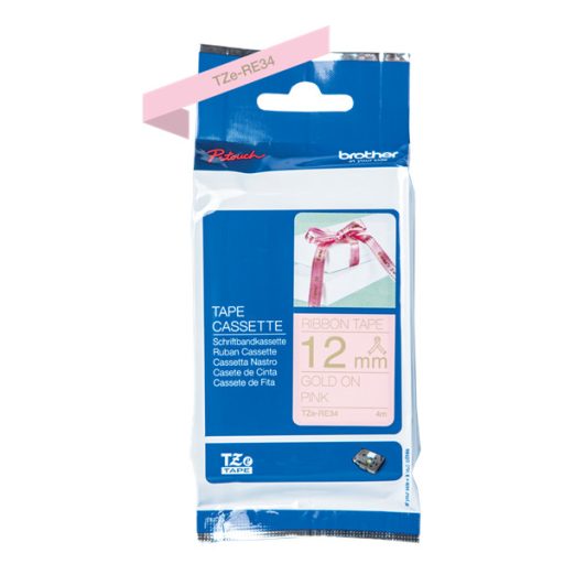 BROTHER Textil szalag TZe-RE34, Pink alapon Arany, 12mm  0.47", 4 méter