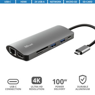   TRUST Hétfunkciós USB-C többportos adapter 23775 (Dalyx 7-in-1 USB-C Multiport Adapter)