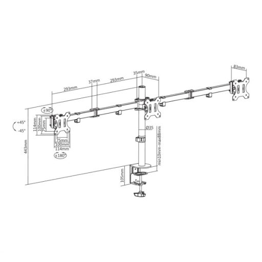 SBOX LCD-352-3 Asztali tripla monitor tartó konzol, dönthető, forgatható, 13"-27", 100x100, max 10 kg
