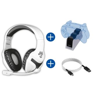   KONIX - MYTHICS PS5 Gamer csomag (Fejhallgató + Dupla töltő állomás + Töltő kábel), Fehér
