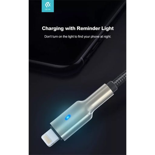 DEVIA USB - LIGHTNING ADAT- ÉS TÖLTŐKÁBEL 1,5 M-ES VEZETÉKKEL, 5V/2,1A, EZÜST/FEKETE