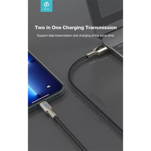 DEVIA USB - LIGHTNING ADAT- ÉS TÖLTŐKÁBEL 1,5 M-ES VEZETÉKKEL, 5V/2,1A, EZÜST/FEKETE