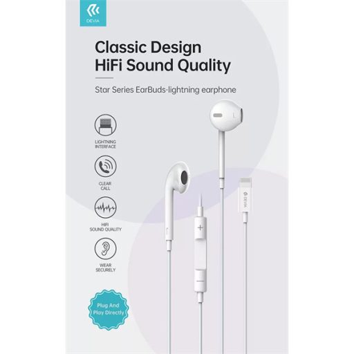 DEVIA UNIVERZÁLIS SZTEREÓ FELVEVŐS FÜLHALLGATÓ - LIGHTNING - STAR SERIES EARBUDS LIGHTNING EARPHONE - FEHÉR