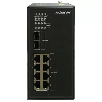   RAISECOM L2 DIN sínes menedzselhető ipari switch, 2xGE SFP + 8xGE RJ45 PoE (30W/240W), 2xDC