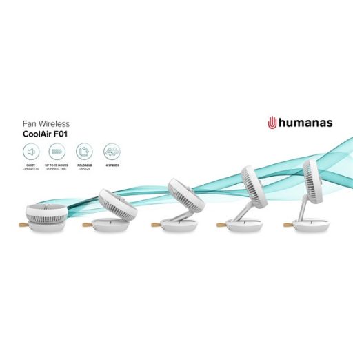 HUMANAS CoolAir F01 vezeték nélküli ventilátor, 15 órás működési idő, 180° dőlésszög, USB-C, 4 teljesítmény fokozat