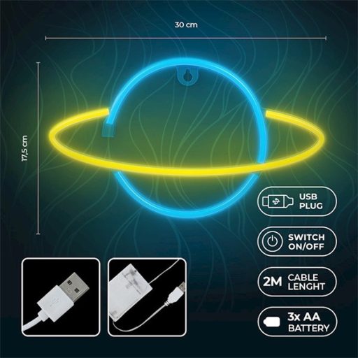 FOREVER LIGHT Neon LED dekorációs lámpa SATURN,  ki/be kapcsoló, USB vagy 3xAA 1,5V, 2m kábel,
