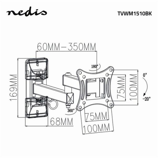 Nedis TVWM1510BK 13"-27"  LCD TV / monitor fali tartókonzol, maximum 15 kg, forgatható, dönthető, fekete