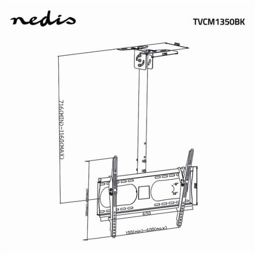Nedis TVCM1350BK mennyezeti (plafonra szerelhető) TV / monitor állvány/tartó konzol, 42-65", dönthető, forgatható, 45kg