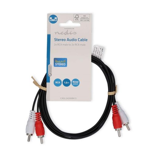 Nedis CAGL24200BK15 sztereo audio kábel, 2 X RCA dugó - 2 X RCA dugó, hossz 1.5m