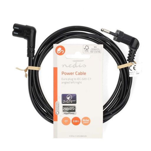 Nedis CEGL11055BK20 tápkábel, Euro dugó,  IEC-320-C7,  pipa, szögben balra, 2m, fekete