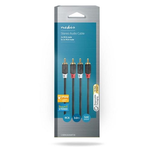 Nedis CABW24200AT30 sztereo audió kábel 2x RCA férfi,  2x RCA férfi, Aranyozott,  3 m , kerek,  Antracit
