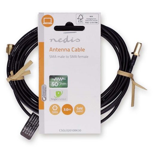 Nedis CSGL02010BK30 SMA kábel, SMA apa,  SMA anya, Aranyozott, 50 Ohm,  árnyékolt, 3,00 m | kerek,  PVC, Fekete