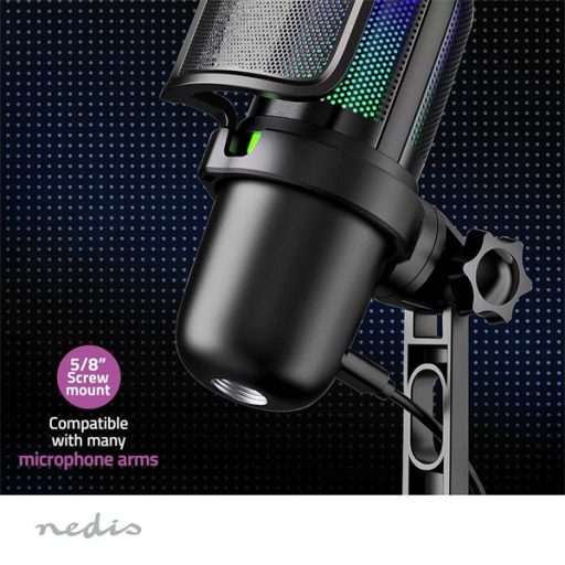 NEDIS GSMIC210BK RGB streaming asztali mikrofon, Használható: Asztali / Notebook, USB Type-A,  Be/Ki kapcsoló, szűrő