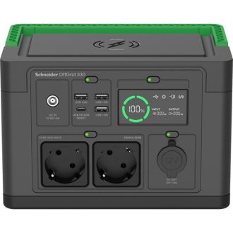   APC Schneider OFFGRID 330 hordozható akkumulátor állomás, 332Wh Lítium-ion, 2xSCHUKO, 3xUSB, 2x USB-C, Színuszos, LCD