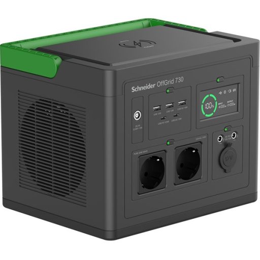 APC Schneider OFFGRID 730 hordozható akkumulátor állomás, 738Wh Lítium-ion, 2xSCHUKO, 3xUSB, 2x USB-C, Színuszos, LCD