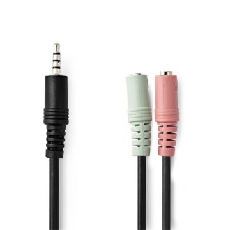   Nedis sztereó audio kábel, CAGP22150BK02, 3,5 mm-es dugó 2x 3,5 mm-es anya Nikkelezett 0,20 m Kerek Fekete Boríték