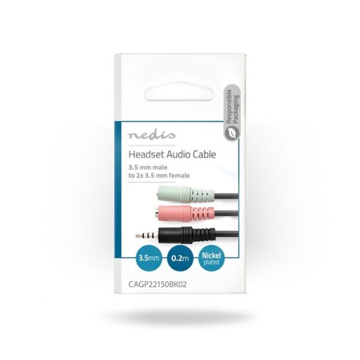 Nedis sztereó audio kábel, CAGP22150BK02, 3,5 mm-es dugó 2x 3,5 mm-es anya Nikkelezett 0,20 m Kerek Fekete Boríték
