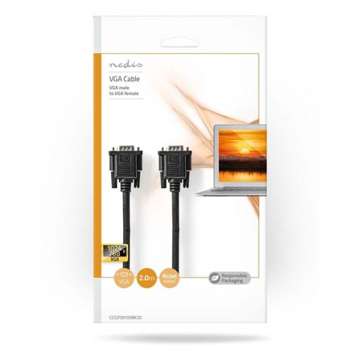 Nedis CCGP59100BK20, VGA kábel, VGA dugó VGA anya Nikkelezett Maximális felbontás:1280x800  2,00 m  Kerek ABS fekete