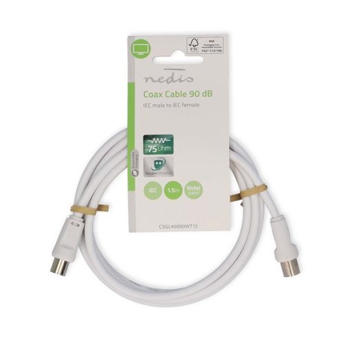 Nedis CSGL40000WT15 koax kábel, IEC (koaxiális) dugó IEC (koaxiális) hüvely Nikkelezett 90 dB 75 Ohm Dupla árny. 150m