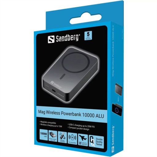 SANDBERG Hordozható akkumulátor, Mag Wireless Powerbank 10000 ALU
