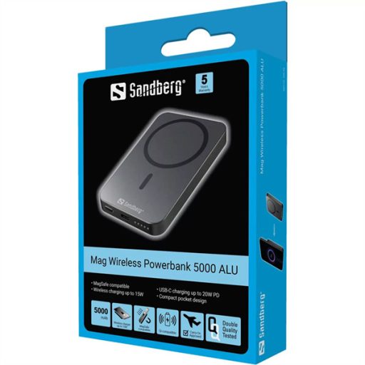 SANDBERG Hordozható akkumulátor, Mag Wireless Powerbank 5000 ALU