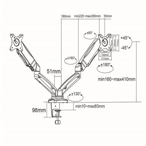 Nedis MMDOSGS110BK gázrugós asztali monitor tartó, dupla, 15-32" | 75x75 / 100x100