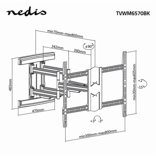 Nedis TVWM6570BK 43"- 100" LCD TV / monitor fali tartókonzol, maximum 70 kg, forgatható / dönthető, 3 forgáspont