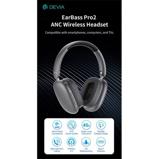 Devia EarBass Pro2 ANC Bluetooth sztereó fejhallgató beépített mikrofonnal - ezüst