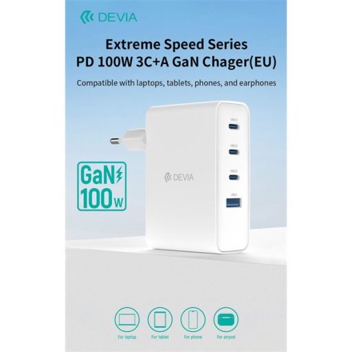 Devia Extreme Speed Series 100W GaN PD hálózati gyorstöltő adapter USB+3xType-C - fehér