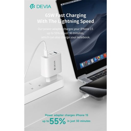 Devia Extreme Speed Series 65W GaN PD hálózati gyorstöltő adapter USB+2xType-C+Type-C kábel - fehér