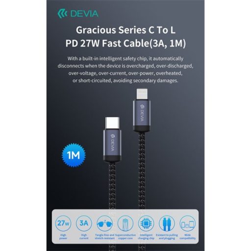 Devia Gracious Series 27W PD Type-C/Lightning adat- és töltőkábel 1m - fekete