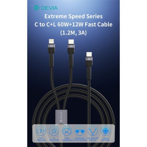 Devia Extreme Speed Series 60W+12W Type-C/Type-C + Lightning adat- és töltőkábel1.2m - fekete
