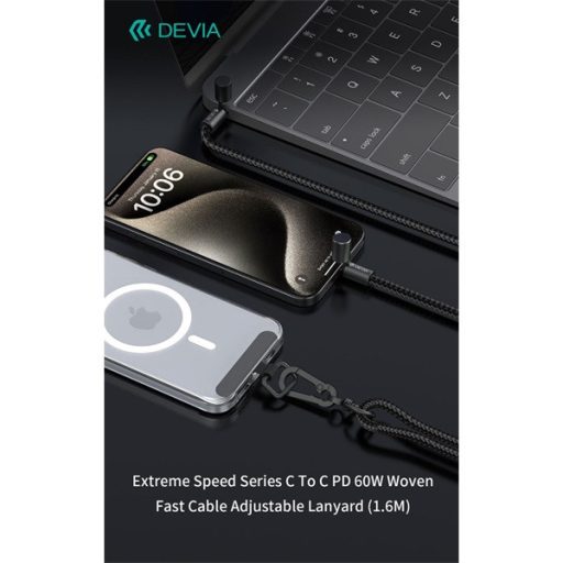 Devia Extreme Speed Series Woven 60W PD Type-C/Type-C adat- és töltőkábel + nyakpánt 1.6m - fekete