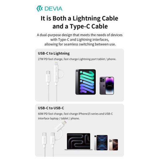 Devia Smart Series 60W+27W PD Type-C/Type-C + Lightning adat- és töltőkábel 1.2m- fehér