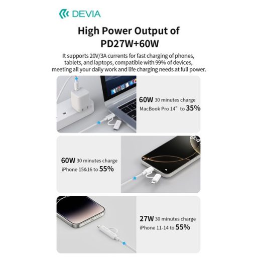 Devia Smart Series 60W+27W PD Type-C/Type-C + Lightning adat- és töltőkábel 1.2m- fehér