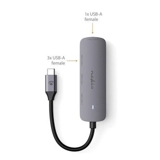   Nedis CCGB64220GY01 4 portos USB hub, USB-C dugó (USB C) - 4x USB A 3.2 Gen 1