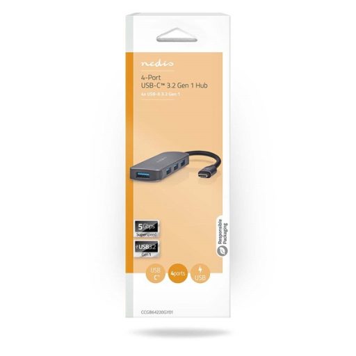 Nedis CCGB64220GY01 4 portos USB hub, USB-C dugó (USB C) - 4x USB A 3.2 Gen 1