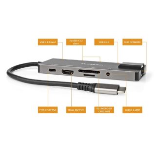   Nedis CCBW64775AT02 USB-C (USB) dokkoló (HUB) - multi port, USB 3.2 Gen 1, USB-C 100W PD, HDMI, RJ45, SD kártyaolvasó