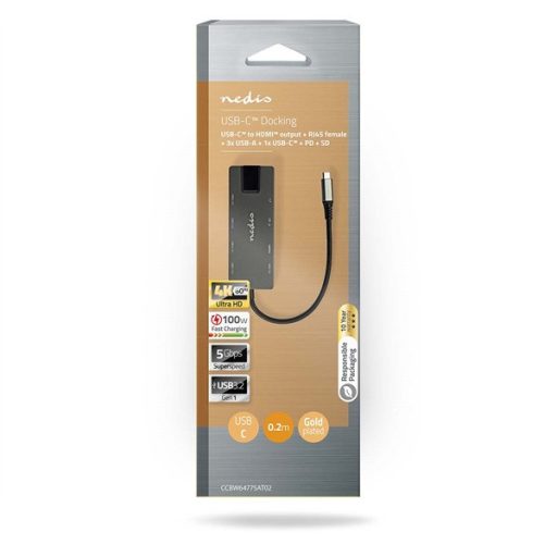 Nedis CCBW64775AT02 USB-C (USB) dokkoló (HUB) - multi port, USB 3.2 Gen 1, USB-C 100W PD, HDMI, RJ45, SD kártyaolvasó