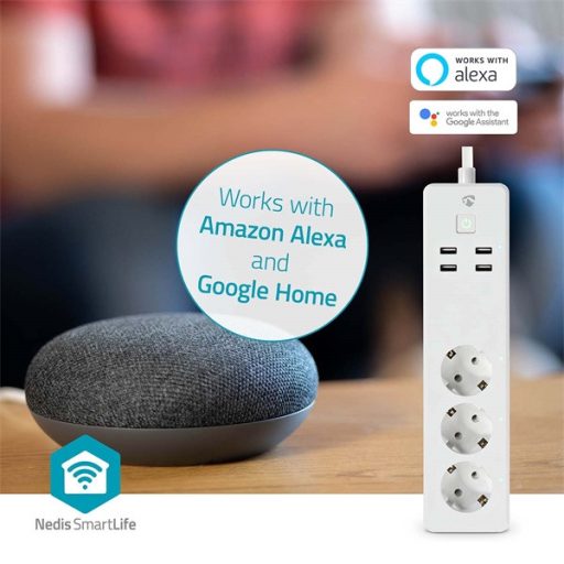 Nedis WIFIP312FWT, WIFI okos elosztó, 3x 230V földelt aljzat / 4x USB aljzat, 16A, 3680W, túlfeszültség védelemmel